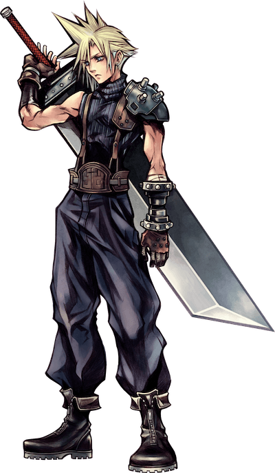 Cloud Strife from Final Fantasy. A young man with blonde spiky hair, a gigantic sword, leather boots, metallic armor in his gloves and shoulders, and black clothes.