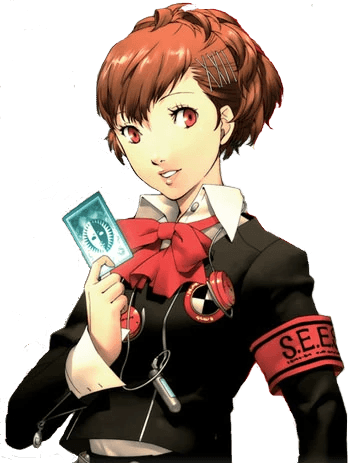Kotone Shiome from persona 3. Red haired girl in anime style with a card in her hand
