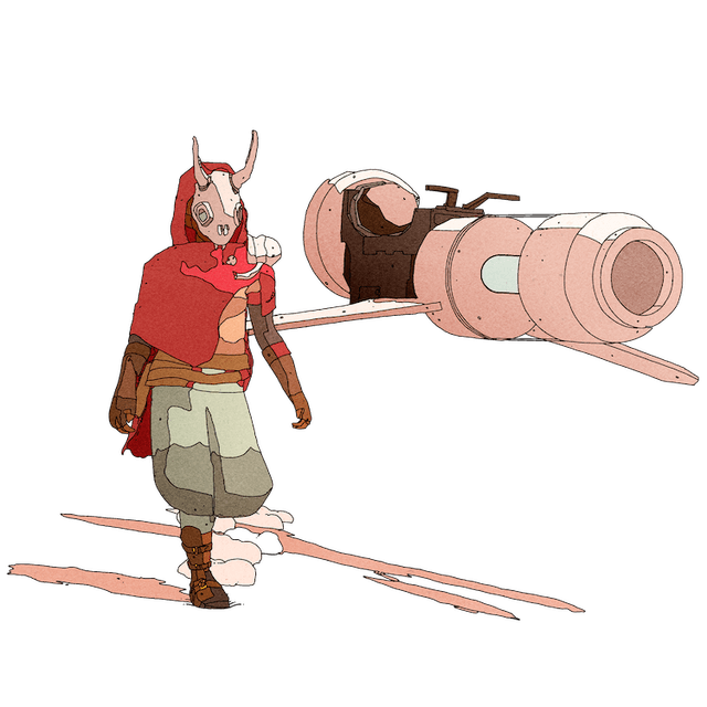 Character from Sable, wearing a red hood and a horned mask, next to a flying space bike.