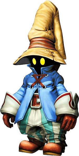 Vivi from Final Fantasy, a black shade with shining yellow eyes, a yellow wizard hat, brown leather gloves and blue coat. Short in stature and cute.