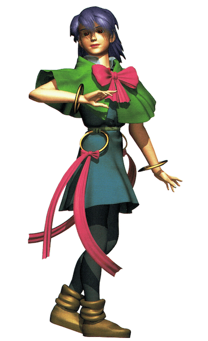 Carrie Fernandez from Castlevania 64. A girl with purple hair, a green blouse, pink ribbon in her chest, and a blue skirt. She has big gold rings that float in her arms.