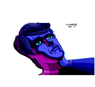 Character from Space Quest 3 lying down. A man with black short hair in a blue hue, with a comic book thinking globe reading: where am i?