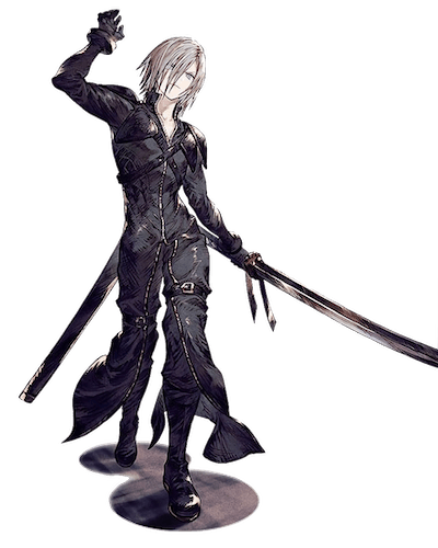 Kadaj from final fantasy. A male with fine complexion and long white hair, wearing a black leather body suit and wielding a katana.