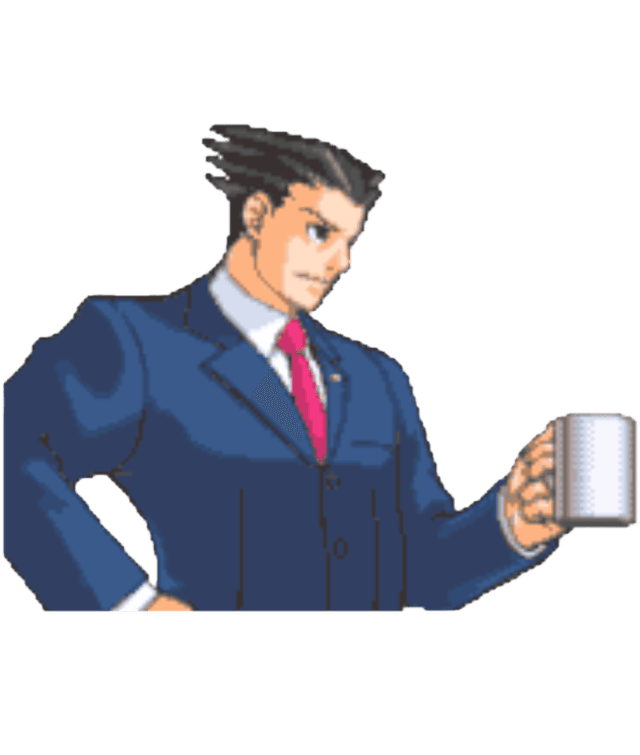Phoenix Wright holding a coffee mug. He is a light skinned man with a blue suit and red tie, with a decisive look and a spiky haircut of black hair that goes backwards.