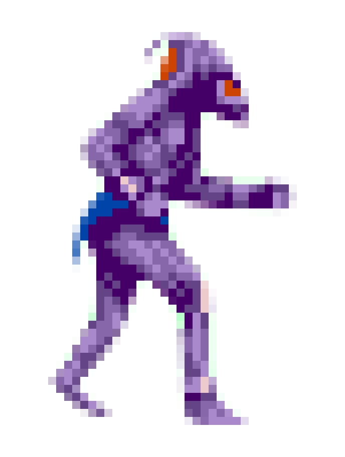 Purple demon with red eyes in pixel art. Main character from shadow of the beast.