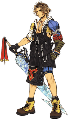 Tidus from final fantasy 10. A young male with spiked yellow hair and colorful outfit, wielding a sword with a cool smile