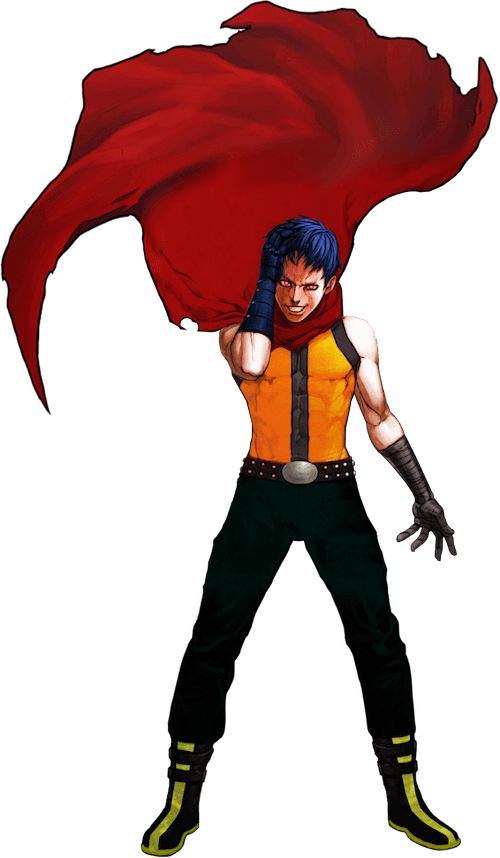 K9999 from king of fighters. A young man with blue hair with an evil look and a red cape. Inspired in Tetsuo from Akira.