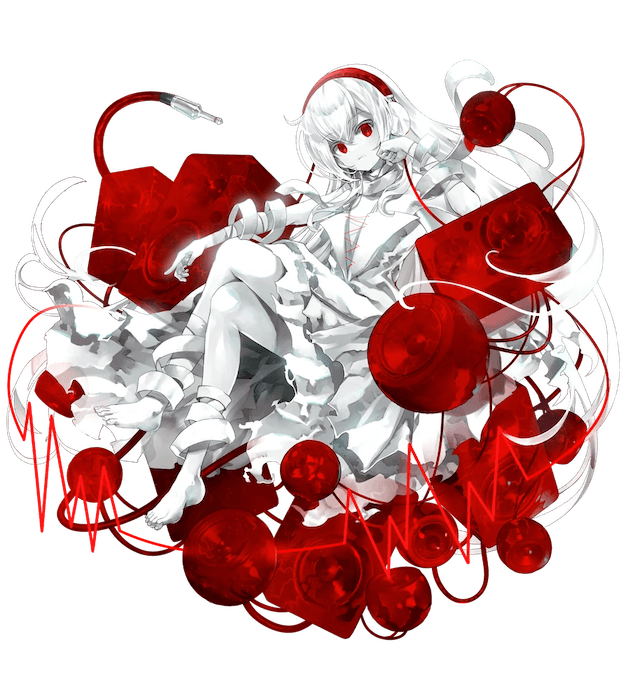 DORO C from Arcaea. An anime styled woman whose skin, hair and dress are all white. Her eyes and headphones are red. The dress unfurls around other objects that are red, such as speakers, an aux cable and lines that look like a frequency.