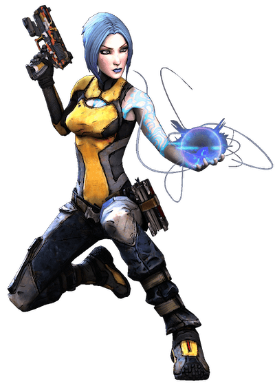 Siren from borderlands 2. Blue haired woman with yellow armor, a gun, and an energy orb in her hand