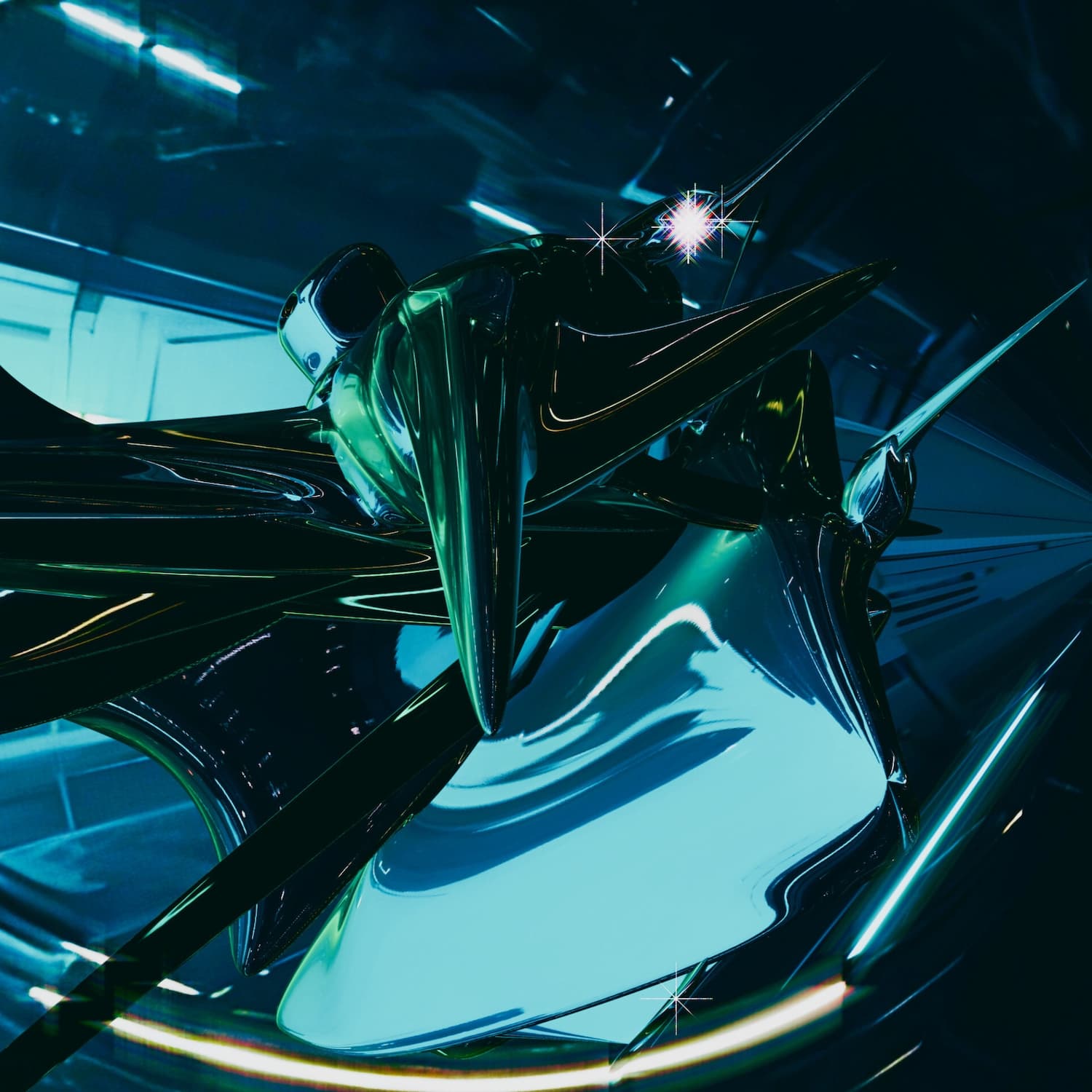 Abstract visual in black and teal colors, evoking an industrial nighttime location