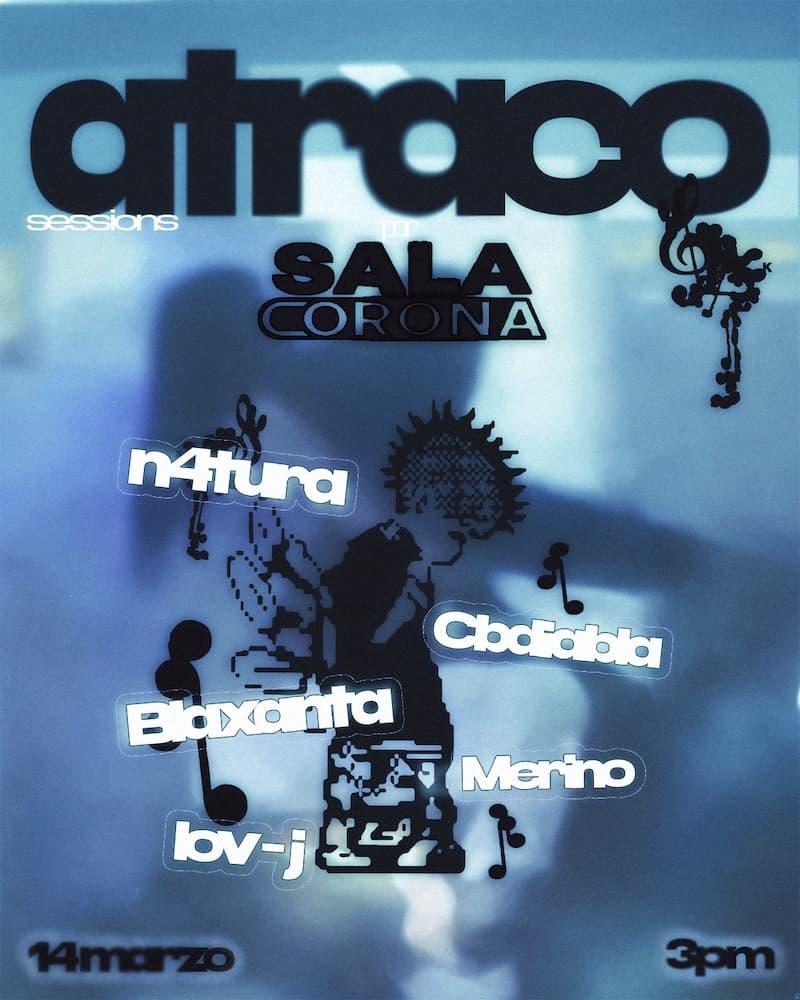 Poster with a pixelated image of a kid with a mohawk and baggy pants giving his back. Text reads: atraco sessions, sala corona, natura, cbdiabla, blaxanta, merino, lov-j, 14 de marzo, 3pm