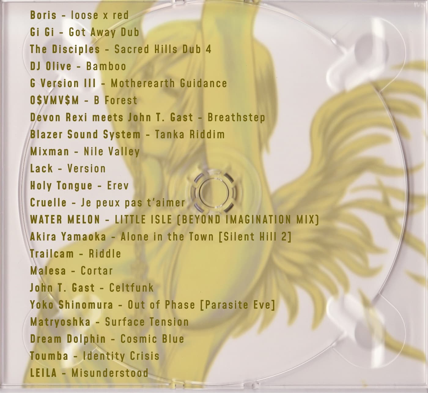 Artwork showing a tracklist on top of a cd case showing a woman on a tank top, in a yellow hue, with her hands above her head in a sensual pose. The tracklist reads: Boris - loose x red, Gi Gi - Got Away Dub, The Disciples - Sacred Hills Dub 4, DJ Olive - Bamboo, G Version III - Motherearth Guidance, O$VMV$M - B Forest, Devon Rexi meets John T. Gast - Breathstep, Blazer Sound System - Tanka Riddim, Mixman - Nile Valley, Lack - Version, Holy Tongue - Erev, Cruelle - Je peux pas t'aimer, WATER MELON - LITTLE ISLE (BEYOND IMAGINATION MIX), Akira Yamaoka - Alone in the Town [Silent Hill 2], Trailcam - Riddle, Malesa - Cortar, John T. Gast - Celtfunk, Yoko Shinomura - Out of Phase [Parasite Eve], Matryoshka - Surface Tension, Dream Dolphin - Cosmic Blue, Toumba - Identity Crisis, LEILA - Misunderstood