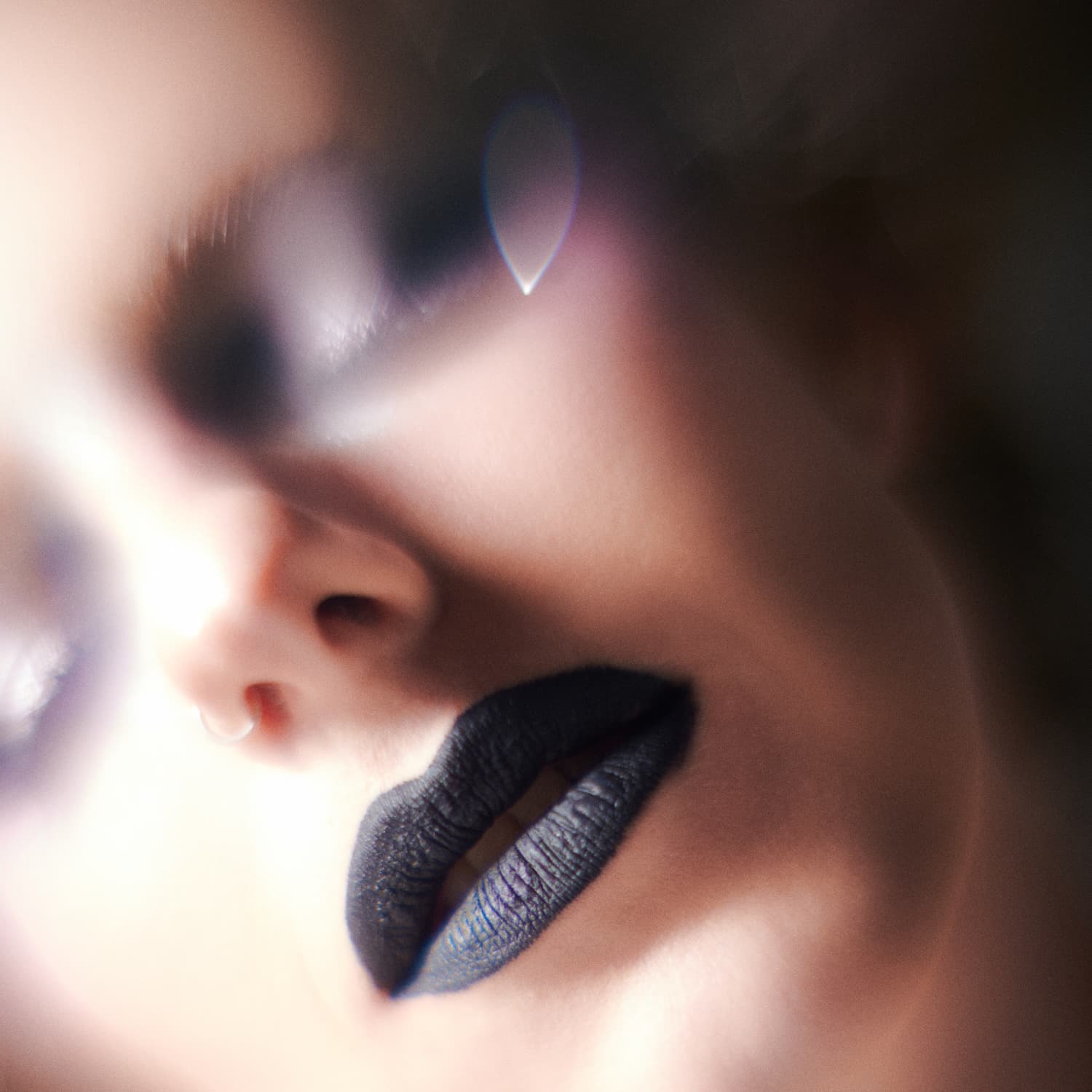 Close up photo of a woman with her eyes closed and black lipstick. The image is faded out and gives an ethereal feel.