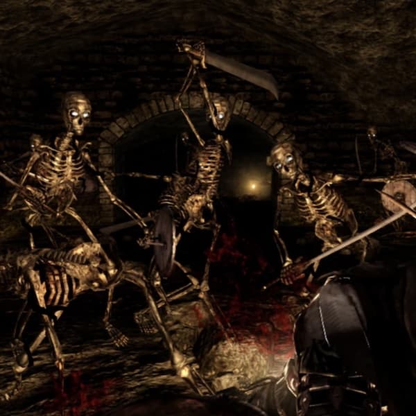 Many skeletons with swords in a dark catacomb pummeling someone, creating a splash of blood
