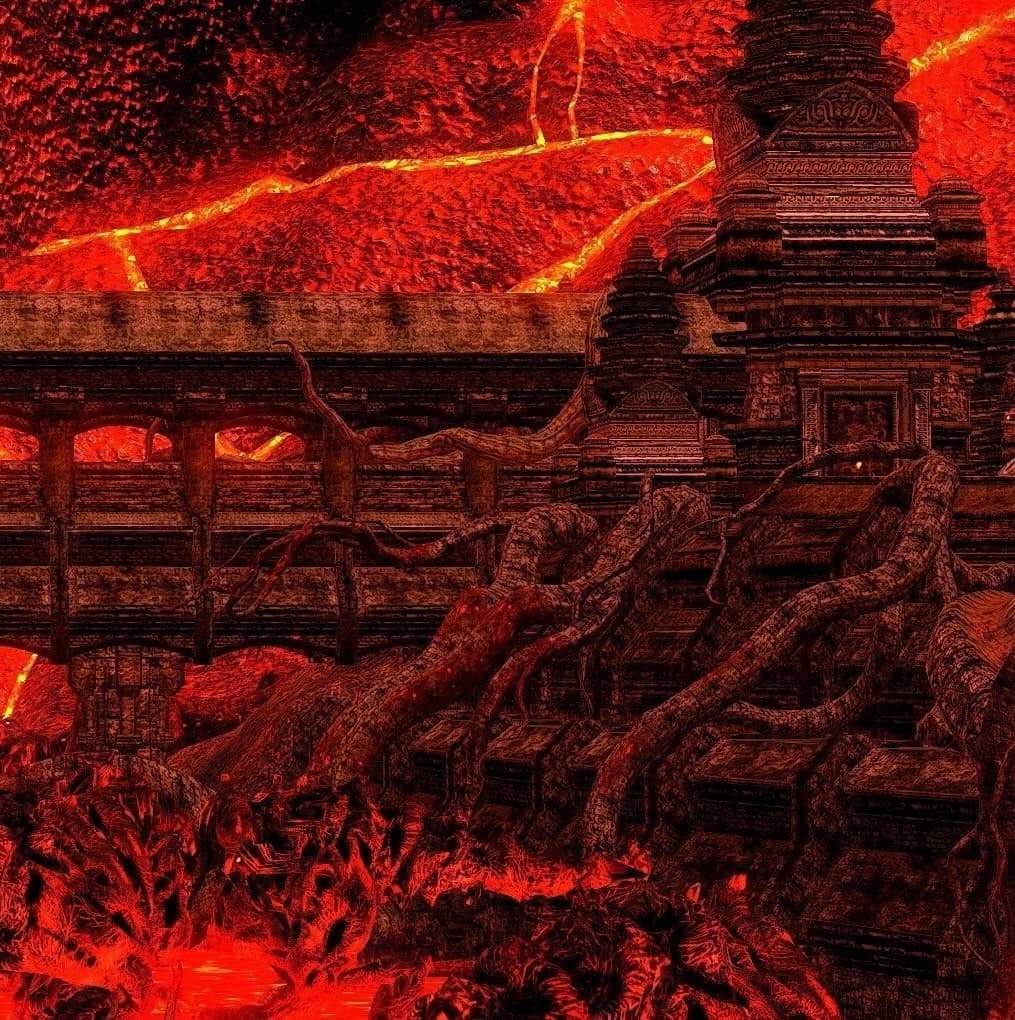 Image of an indonesian or cambodian looking temple, next to many tree roots and lava